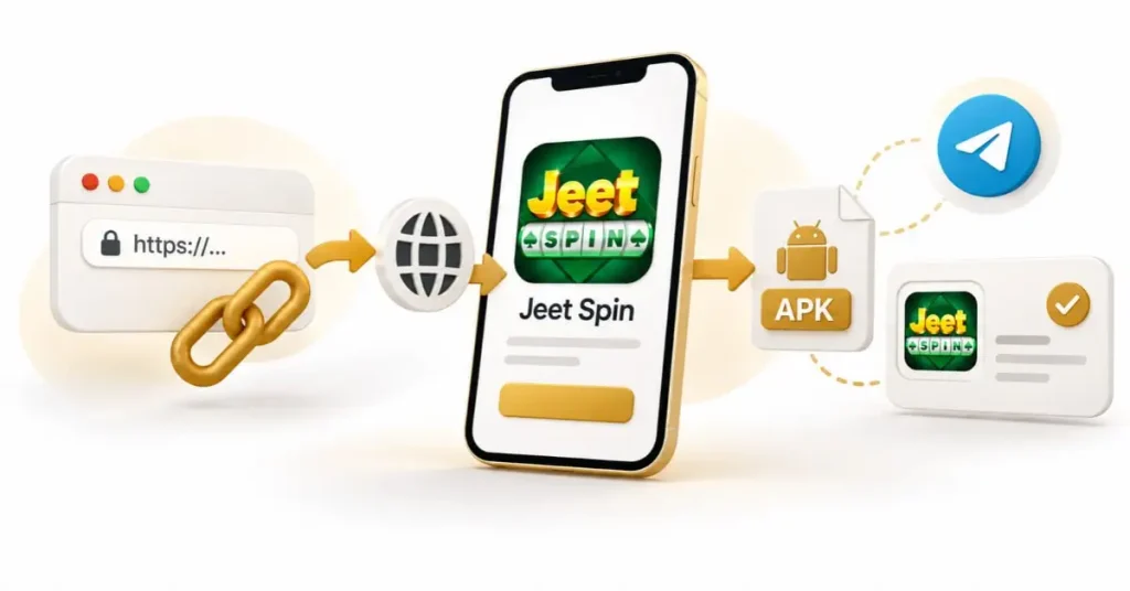 3D illustration of a Jeet Spin link path showing a web URL, app screen, APK file, Telegram source, and matching app identity on a white background
