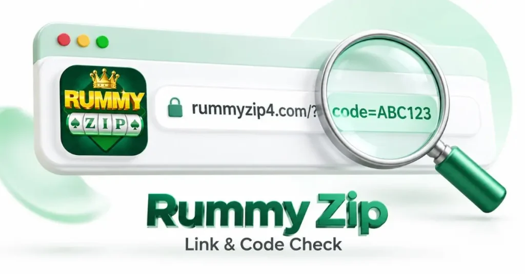 3D illustration of a Rummy Zip website link with a magnifying glass highlighting its code parameter, representing link and app source information