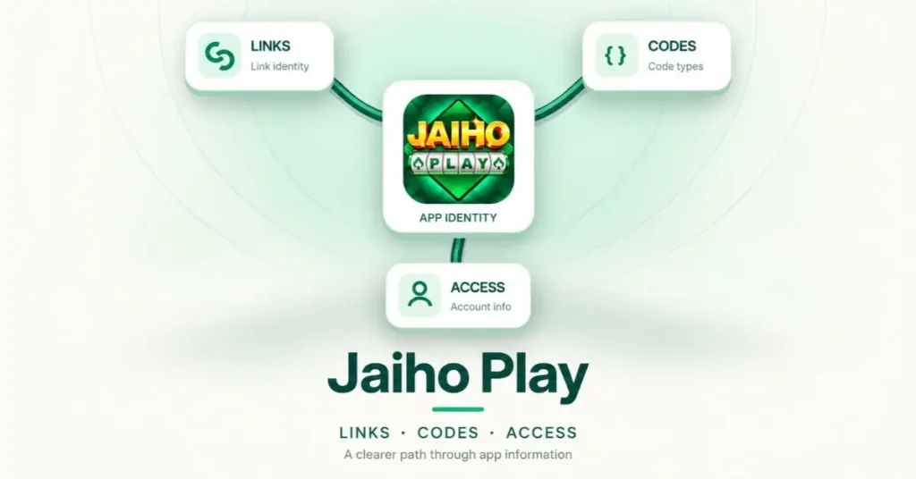 Jaiho Play app information graphic showing connected icons for links, codes, and account access.