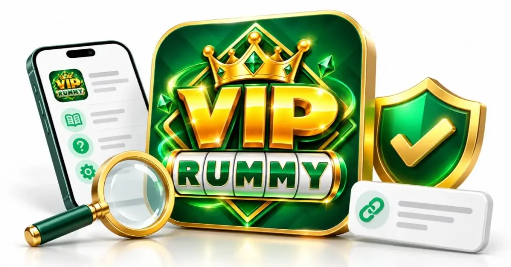 VIP Rummy green and gold 3D app logo displayed with a smartphone, magnifying glass, security shield, and link icon illustrating app information and access guidance